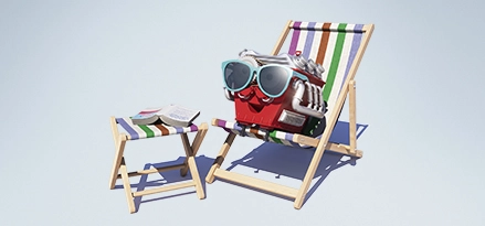 Un moteur inanimé illustré en rouge, assis sur une chaise longue de plage, avec des lunettes de soleil et un livre à côté.​